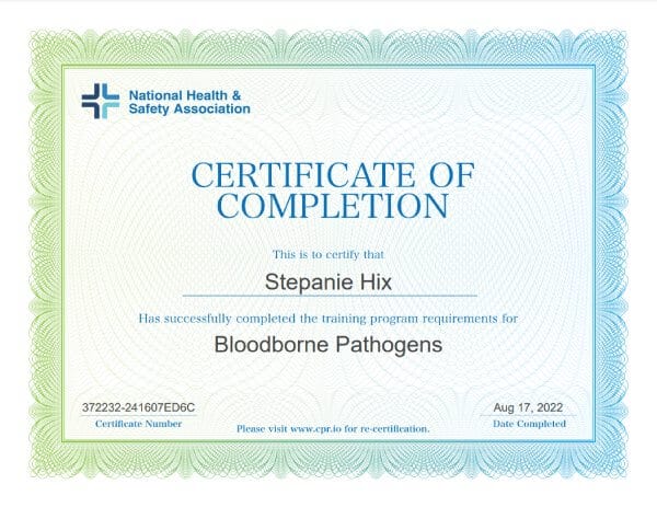 National Health and Safety Association Certified - Stepanie